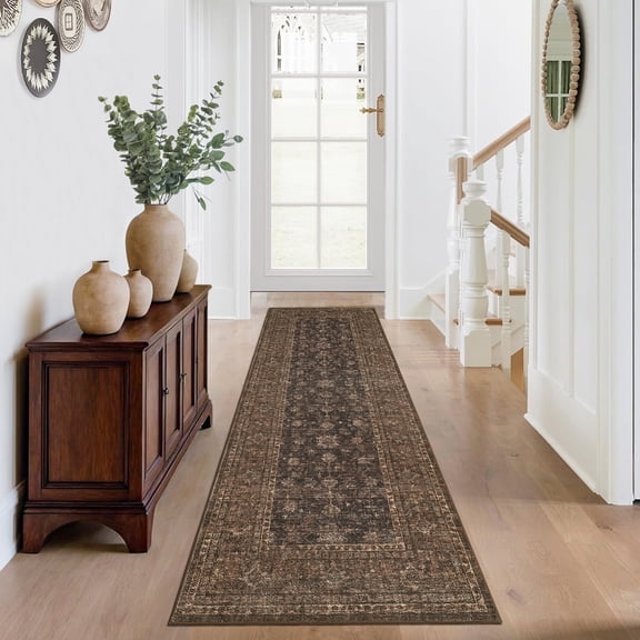 Memoryfield 2' x 6' Washable Runner Rug, Vintage Floral Non-Slip Soft Floor Carpet, for Living Room Bedroom Dining Room, Brown
