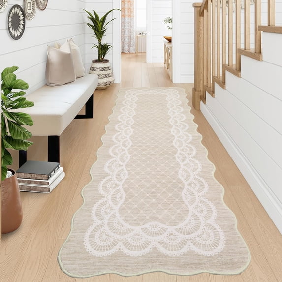 Funslane 2' x 6' Washable Scalloped Runner Rug, Modern Neutral Farmhouse Floor Carpet, for Entryway Bedroom Kitchen, Beige
