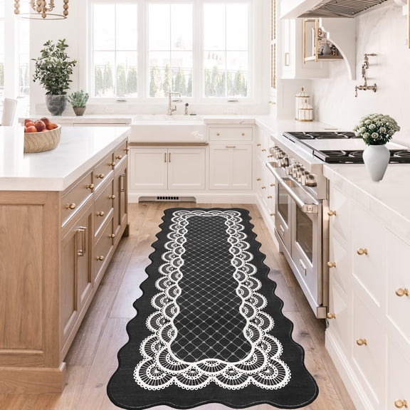Funslane 2' x 6' Washable Scalloped Runner Rug, Modern Neutral Farmhouse Floor Carpet, for Entryway Bedroom Kitchen, Black