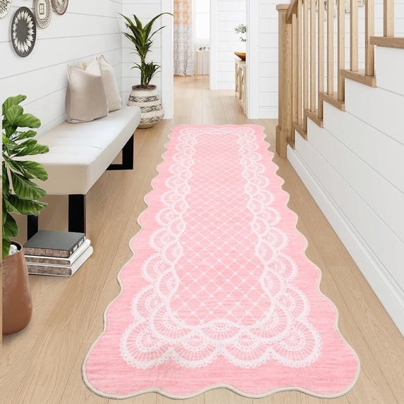 Funslane 2' x 6' Washable Scalloped Runner Rug, Modern Neutral Farmhouse Floor Carpet, for Entryway Bedroom Kitchen, Pink