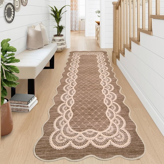 Funslane 2' x 6' Washable Scalloped Runner Rug, Modern Neutral Farmhouse Floor Carpet, for Entryway Bedroom Kitchen, Tan