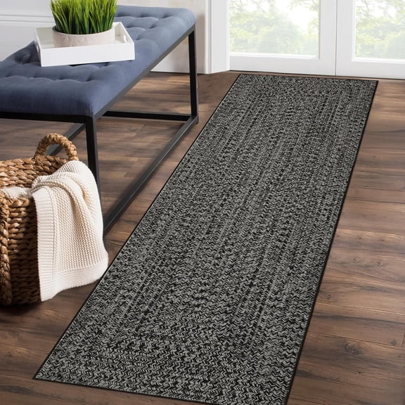 Memoryfield 2' x 8' Modern Braided Runner Rug, Washable Floor Cover, Non-Slip Stain-Resistant Soft Rug for Kitchen Bedroom Entryway, Dark Gray