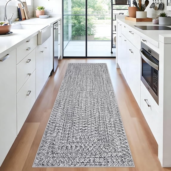Memoryfield 2' x 8' Modern Braided Runner Rug, Washable Floor Cover, Non-Slip Stain-Resistant Soft Rug for Kitchen Bedroom Entryway, Gray
