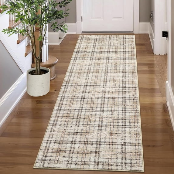 Memoryfield 2' x 8' Washable Plaid Runner Rug, Modern Non-Slip, Stain-Resistant Floor Carpet for Bedroom, Entryway, Kitchen, Dining Room & Dorm, Beige