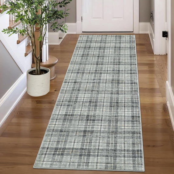 Memoryfield 2' x 8' Washable Plaid Runner Rug, Modern Non-Slip, Stain-Resistant Floor Carpet for Bedroom, Entryway, Kitchen, Dining Room & Dorm, Green