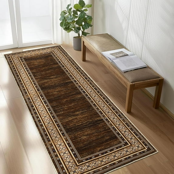 Funslane 2'x6' Runner Rug, Modern Bordered Washable Rug Non Slip Bedroom Runner Carpet for Laundry Room Kitchen, Red Brown