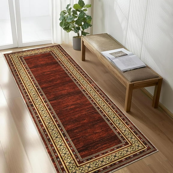 Funslane 2'x6' Runner Rug, Modern Bordered Washable  Rug Non Slip Bedroom Runner Carpet for Laundry Room Kitchen, Red