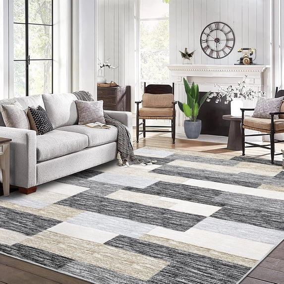Memoryfield 4' x 6' Modern Geometric Patchwork Area Rug, Washable Low-Pile Non-Slip Soft Carpet, for Living Room, Bedroom, Gray/Beige