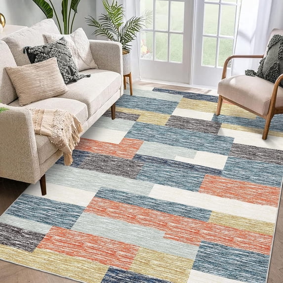 Memoryfield 4' x 6' Modern Geometric Patchwork Area Rug, Washable Low-Pile Non-Slip Soft Carpet, for Living Room, Bedroom, Gray/Orange