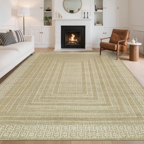 Memoryfield 5' x 7' Bordered Area Rug, Washable Non-Slip Low-Pile Carpet, Modern Geometric Design for Living Room, Bedroom, Nursery & Playroom, Tan
