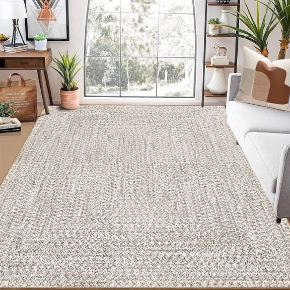 Memoryfield 5' x 7' Modern Braided Area Rug, Washable Floor Cover, Non-Slip Stain-Resistant Soft Rug for Living Room Bedroom Office, Beige Grey