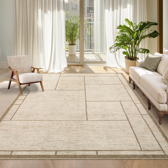 Funslane 5' x 7' Modern Geometric Area Rug, Low Pile Washable Non-Shedding Soft Rug, for Living Room Bedroom, Beige
