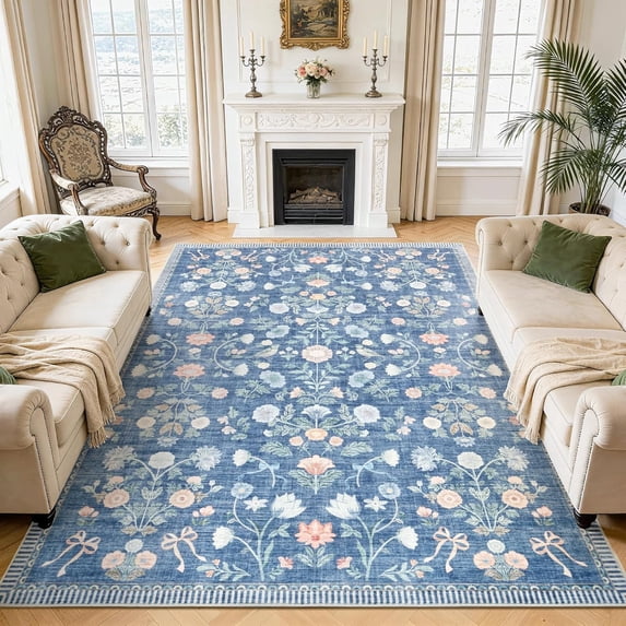 Memoryfield 5' x 7' Washable Area Rug, Non-Slip, Fade-Resistant Floral Carpet for Living Room, Bedroom, Dining Room, Blue
