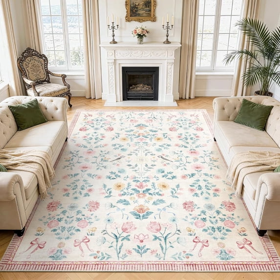 Memoryfield 5' x 7' Washable Area Rug, Non-Slip, Fade-Resistant Floral Carpet for Living Room, Bedroom, Dining Room, Pink