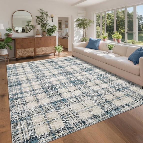 Memoryfield 5' x 7' Washable Plaid Area Rug, Modern Non-Slip, Stain-Resistant Floor Carpet for Bedroom, Living Room, Nursery, Dining Room & Dorm, Blue&Beige