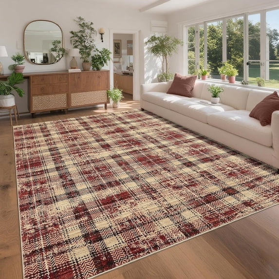 Memoryfield 5' x 7' Washable Plaid Area Rug, Modern Non-Slip, Stain-Resistant Floor Carpet for Bedroom, Living Room, Nursery, Dining Room & Dorm, Red