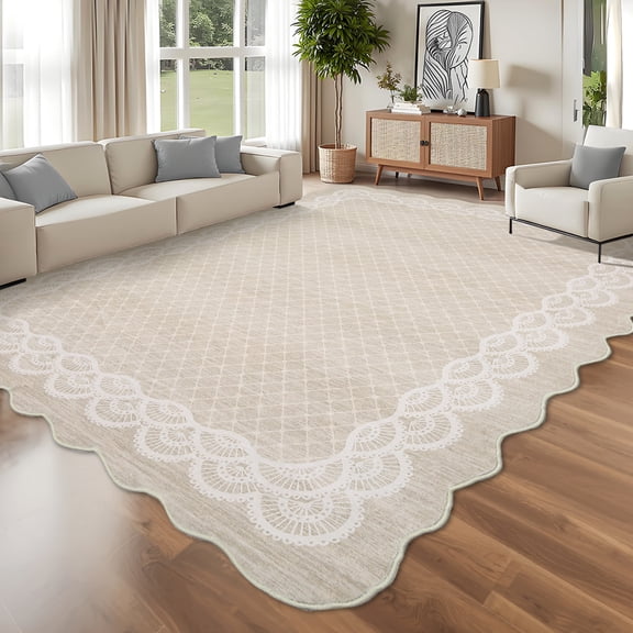 Funslane 5' x 7' Washable Scalloped Area Rug, Modern Neutral Farmhouse Floor Carpet, for Living Room Bedroom Apartment, Beige