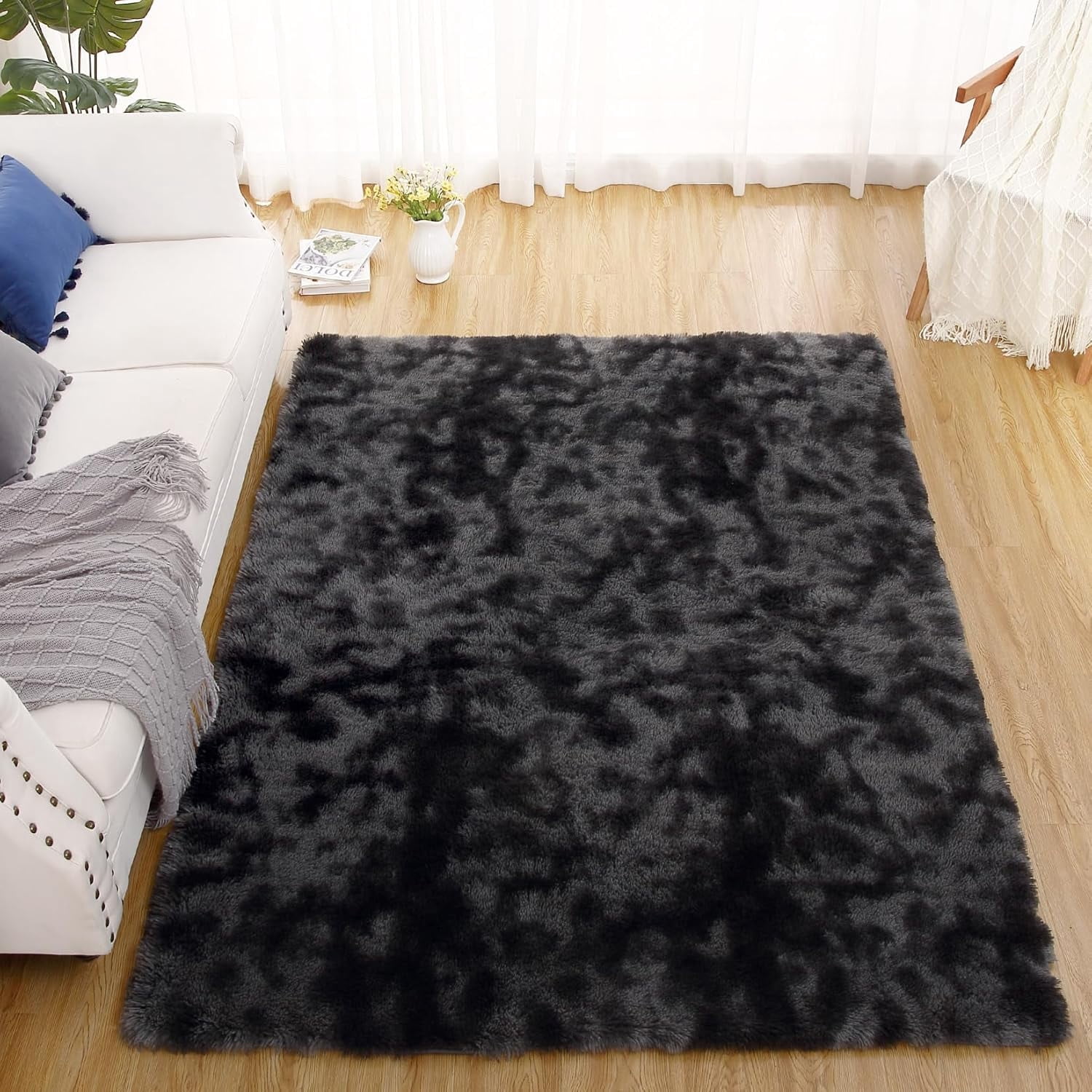 Memoryfield 5' x 8' Area Rug, Tie-Dye Plush Non-Skid Rug, for Bedroom Living Room Nursery, Black Gray