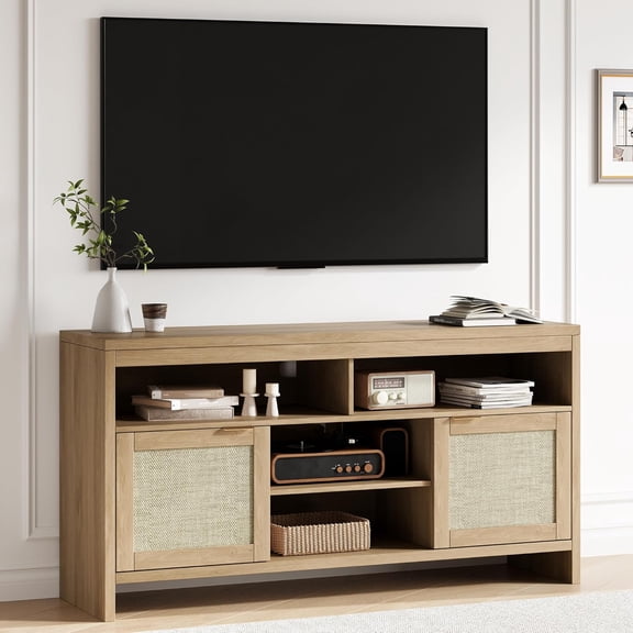Funslane 58" Rattan TV Stand for TVs up to 65", Modern Boho Entertainment Center with Storage, Wooden Media Console with Adjustable Shelves for Living Room, Bedroom