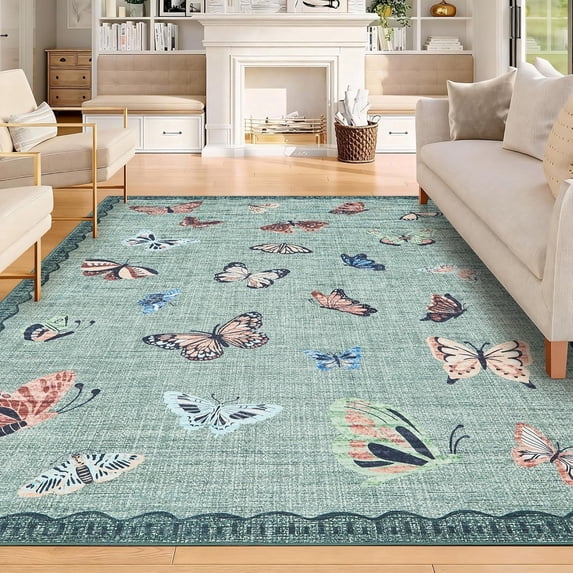 Memoryfield 6' x 9' Modern Butterfly Print Area Rug, Washable, Non-Slip, Low-Pile Carpet for Living Room, Bedroom, Green