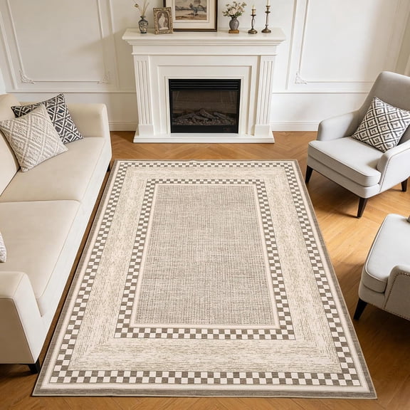 Memoryfield 8' x 10' Modern Checkered Area Rug, Washable Floor Mat, Low-Pile Carpet for Living Room, Bedroom, Brown