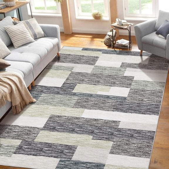 Memoryfield 8' x 10' Modern Geometric Patchwork Area Rug, Washable Low-Pile Non-Slip Soft Carpet, for Living Room, Bedroom, Gray/Green