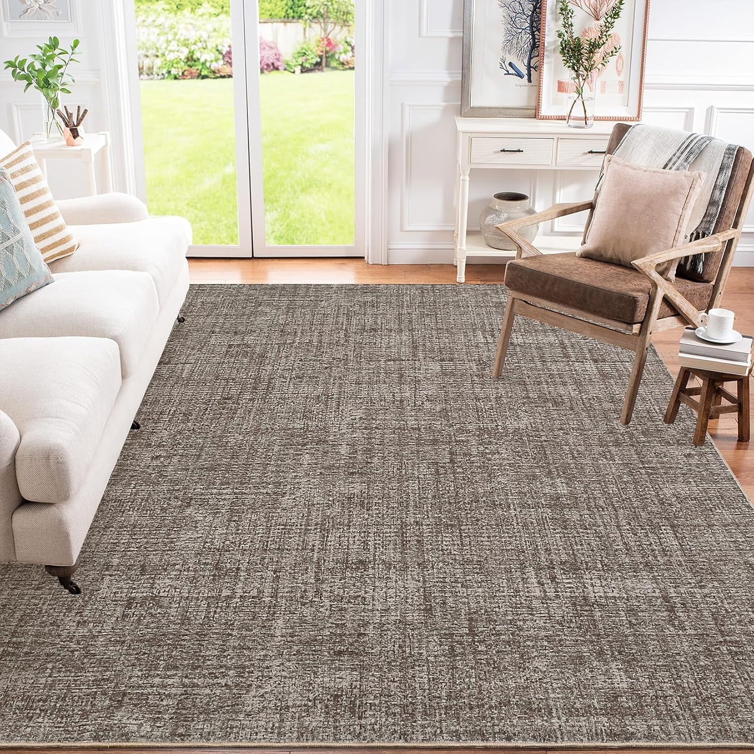 Memoryfield 8' x 10' Washable Area Rug, Stain-Resistant Low Pile Non Slip Carpet, Floor Mat for Living Room Bedroom Home Office, Brown