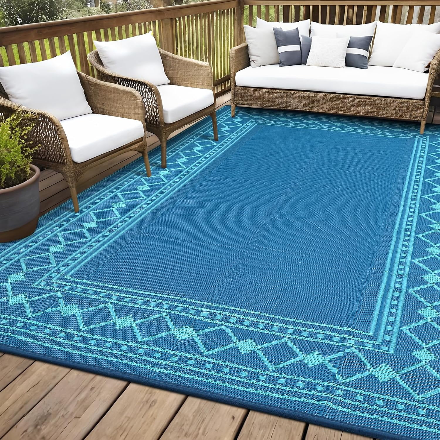 Funslane 8' x 10' Waterproof Outdoor Rug, Reversible Plastic Straw Patio Mat, Easy to Clean & Portable, for Deck, RV, Camping & Balcony, Blue