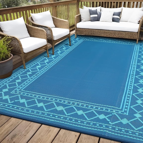 Funslane 8' x 10' Waterproof Outdoor Rug, Reversible Plastic Straw Patio Mat, Easy to Clean & Portable, for Deck, RV, Camping & Balcony, Blue