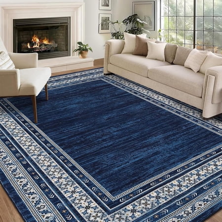 Memoryfield 8'x10' Area Rug, Modern Bordered Washable Rugs Soft Foldable Accent Rugs for Indoor Living Room Bedroom, Blue