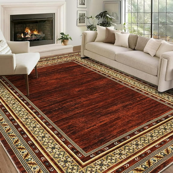 Funslane 8'x10' Area Rug, Modern Bordered Washable Rugs Soft Foldable Accent Rugs for Indoor Living Room Bedroom, Red