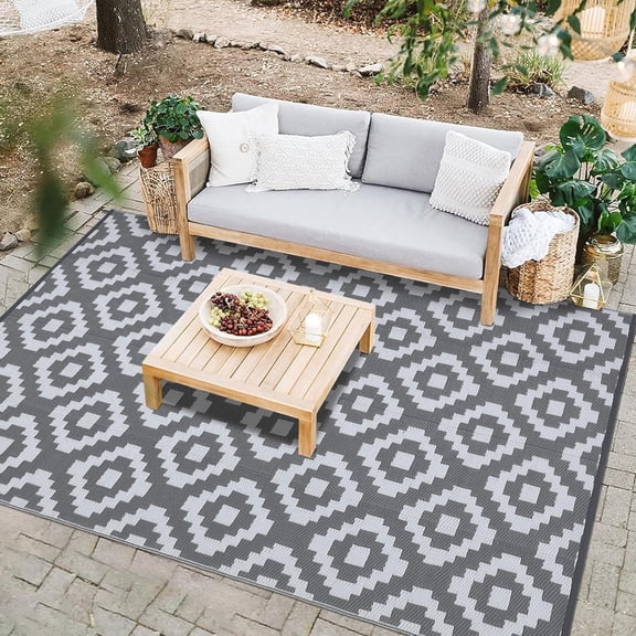 Funslane 8x10' Outdoor Rug, Reversible Plastic Patio Rugs with Storage Bag, Portable Modern Waterproof Outside Carpet for Camping, Balcony Deck Backyard, Gray