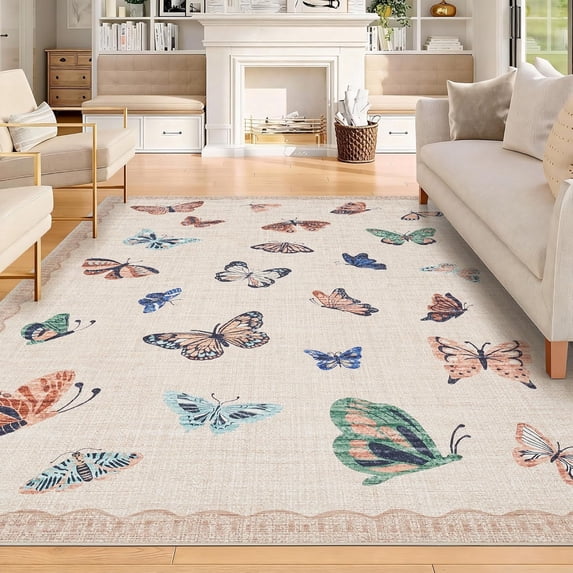 Memoryfield 9' x 12' Modern Butterfly Print Area Rug, Washable, Non-Slip, Low-Pile Carpet for Living Room, Bedroom, Apricot