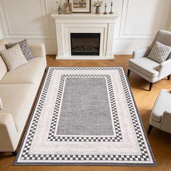 Memoryfield 9' x 12' Modern Checkered Area Rug, Washable Floor Mat, Low-Pile Carpet for Living Room, Bedroom, Gray