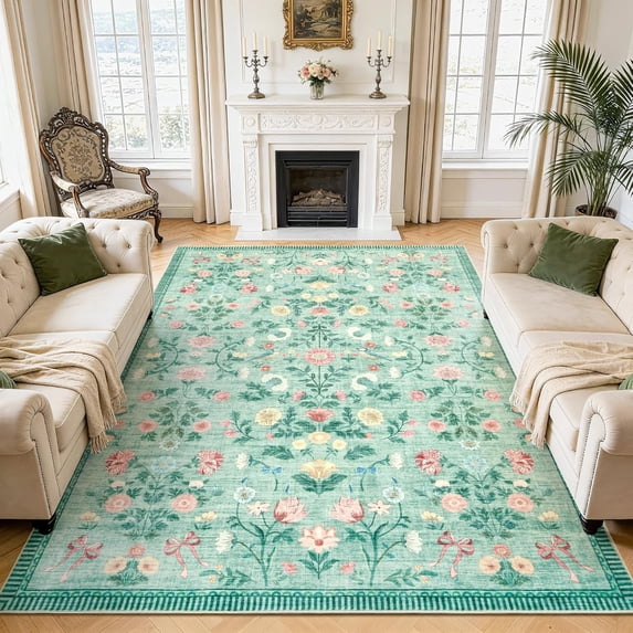Memoryfield 9' x 12' Washable Area Rug, Non-Slip, Fade-Resistant Floral Carpet for Living Room, Bedroom, Dining Room, Green