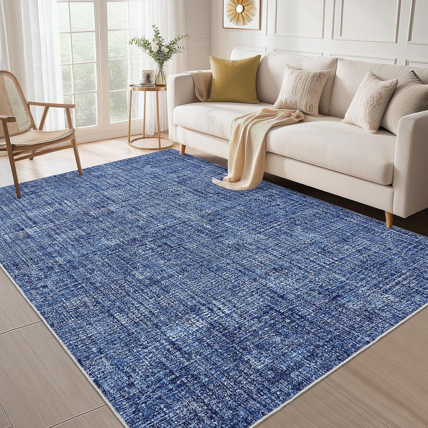 Memoryfield 9' x 12' Washable Area Rug, Stain-Resistant Low Pile Non Slip Carpet, Floor Mat for Living Room Bedroom Home Office, Blue