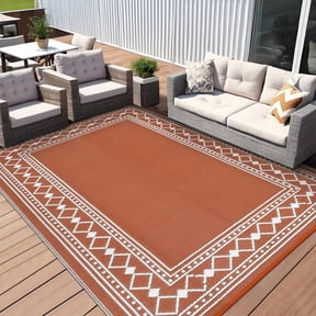 Funslane 9' x 12' Waterproof Outdoor Rug, Reversible Plastic Straw Patio Mat, Easy to Clean & Portable, for Deck, RV, Camping & Balcony, Terracotta & White