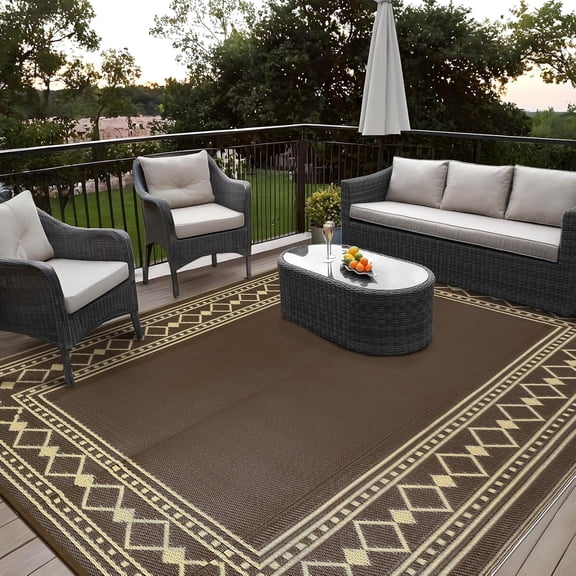 Funslane 9' x 12' Waterproof Outdoor Rug, Reversible Plastic Straw Patio Mat, Easy to Clean & Portable, for Deck, RV, Camping & Balcony, Brown/Coffee