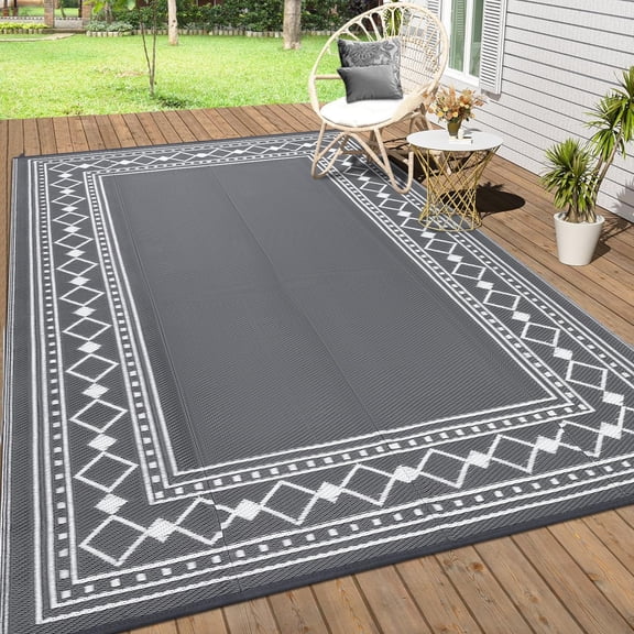Funslane 9' x 12' Waterproof Outdoor Rug, Reversible Plastic Straw Patio Mat, Easy to Clean & Portable, for Deck, RV, Camping & Balcony, Gray/White