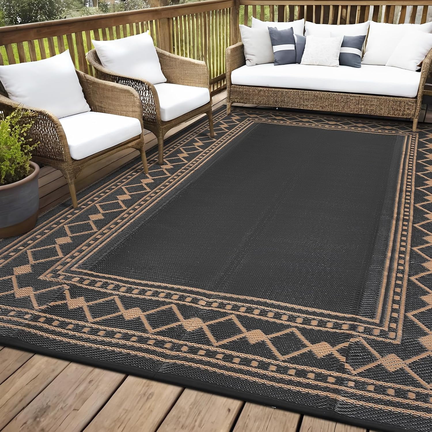Funslane 9' x 18' Waterproof Outdoor Rug, Reversible Plastic Straw Patio Mat, Easy to Clean & Portable, for Deck, RV, Camping & Balcony, Black/Brown