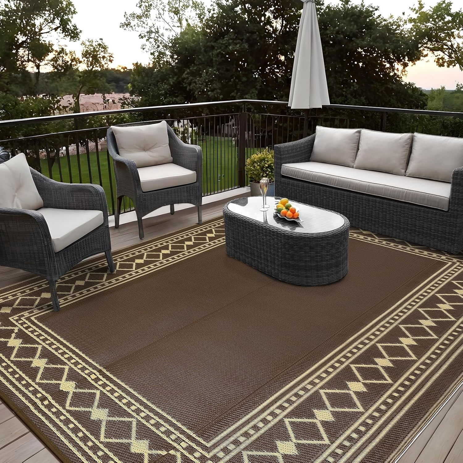 Funslane 9' x 18' Waterproof Outdoor Rug, Reversible Plastic Straw Patio Mat, Easy to Clean & Portable, for Deck, RV, Camping & Balcony, Brown/Coffee