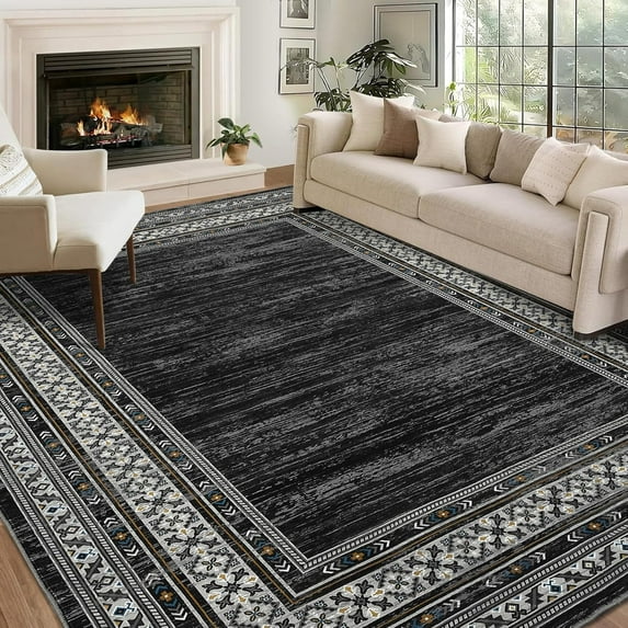 Funslane 9'x12' Area Rug, Modern Bordered Washable Rugs Soft Foldable Accent Rugs for Indoor Living Room Bedroom, Black