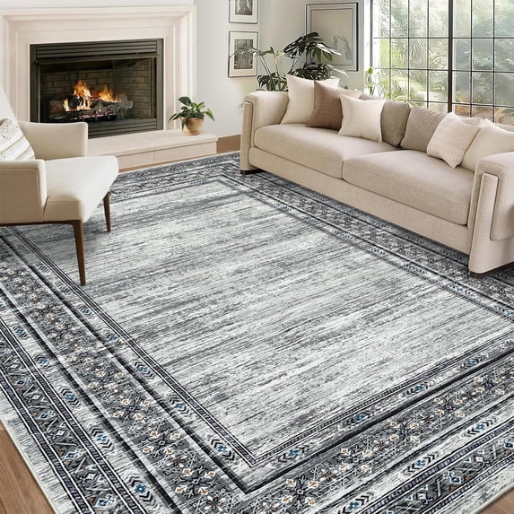 Memoryfield 9'x12' Area Rug, Modern Bordered Washable Rugs Soft Foldable Accent Rugs for Indoor Living Room Bedroom, Gray Green