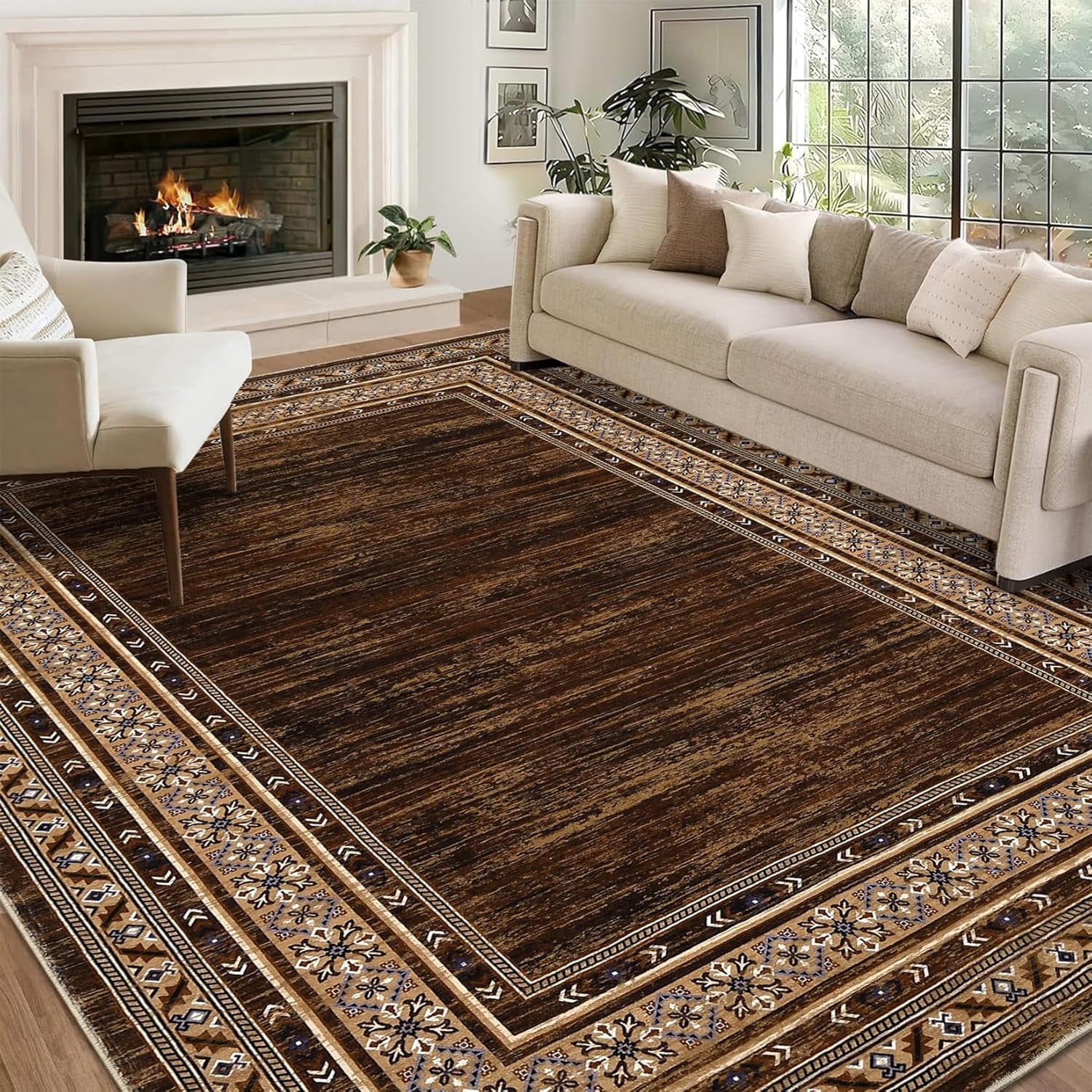 Memoryfield 9'x12' Area Rug, Modern Bordered Washable Rugs Soft Foldable Accent Rugs for Indoor Living Room Bedroom, Red Brown
