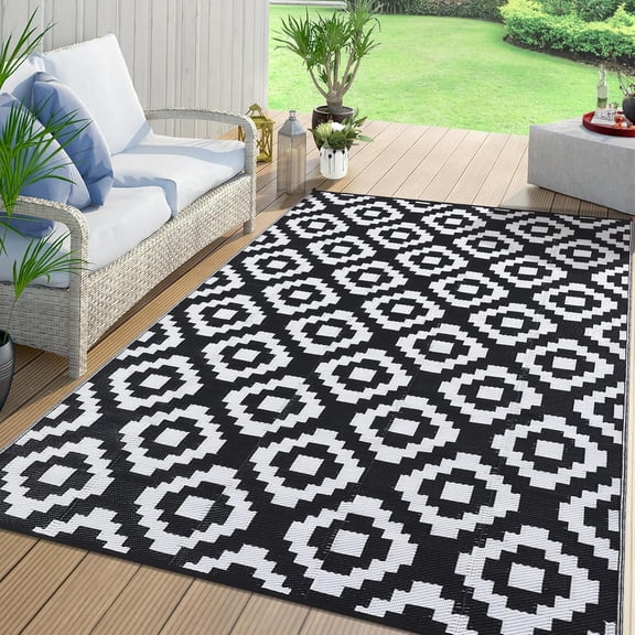Funslane 9x18' Outdoor Rug, Reversible Plastic Patio Rugs with Storage Bag, Portable Modern Waterproof Outside Carpet for Camping, Balcony Deck Backyard, Black & White