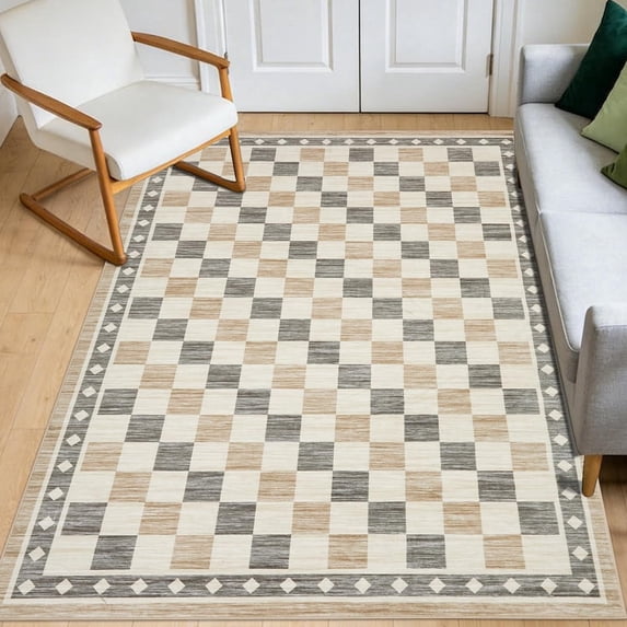 Memoryfield Checkered Area Rug 5' x 7', Washable, Non-Slip Low-Pile Carpet with Modern Geometric Design for Living Room, Bedroom & Dining Room, Beige