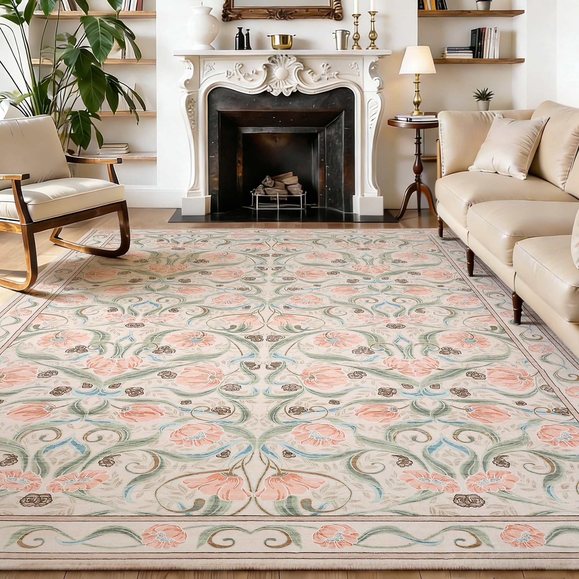 Memoryfield Modern Floral Area Rug 10' x 13', Washable Floor Cover, Soft Low-Pile Non-Slip Carpet, for Living Room Bedroom Dining Room, Beige