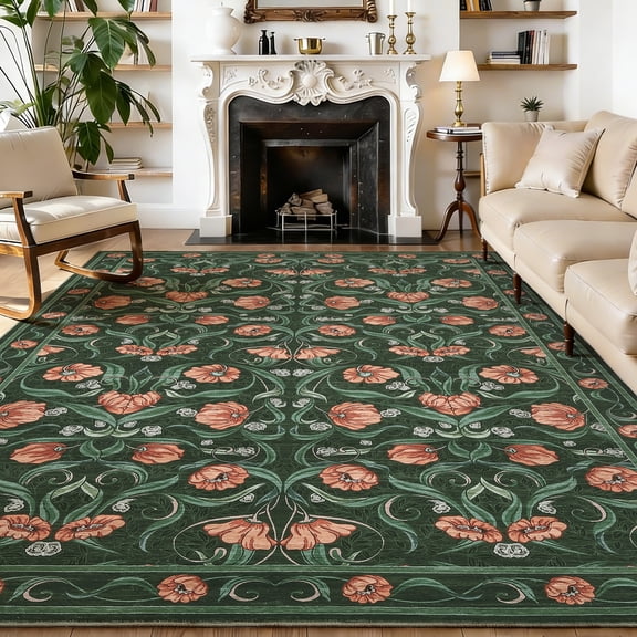 Funslane Modern Floral Area Rug 6' x 9', Washable Floor Cover, Soft Low-Pile Non-Slip Carpet, for Living Room Bedroom Dining Room, Dark Green