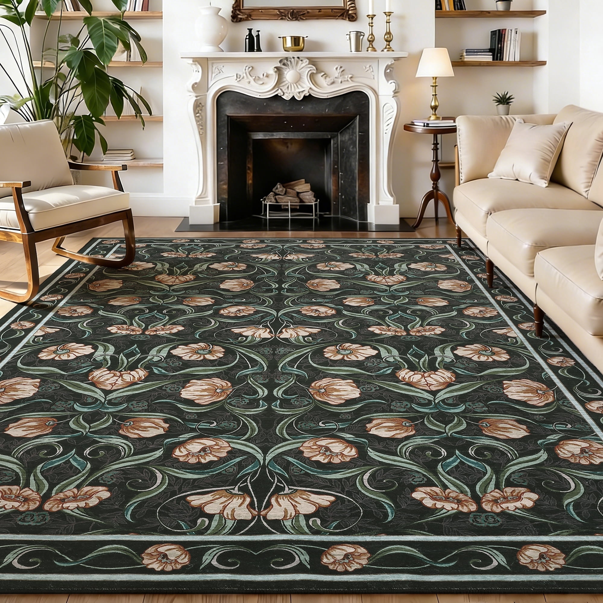 Memoryfield Modern Floral Area Rug 8' x 10', Washable Floor Cover, Soft Low-Pile Non-Slip Carpet, for Living Room Bedroom Dining Room, Black