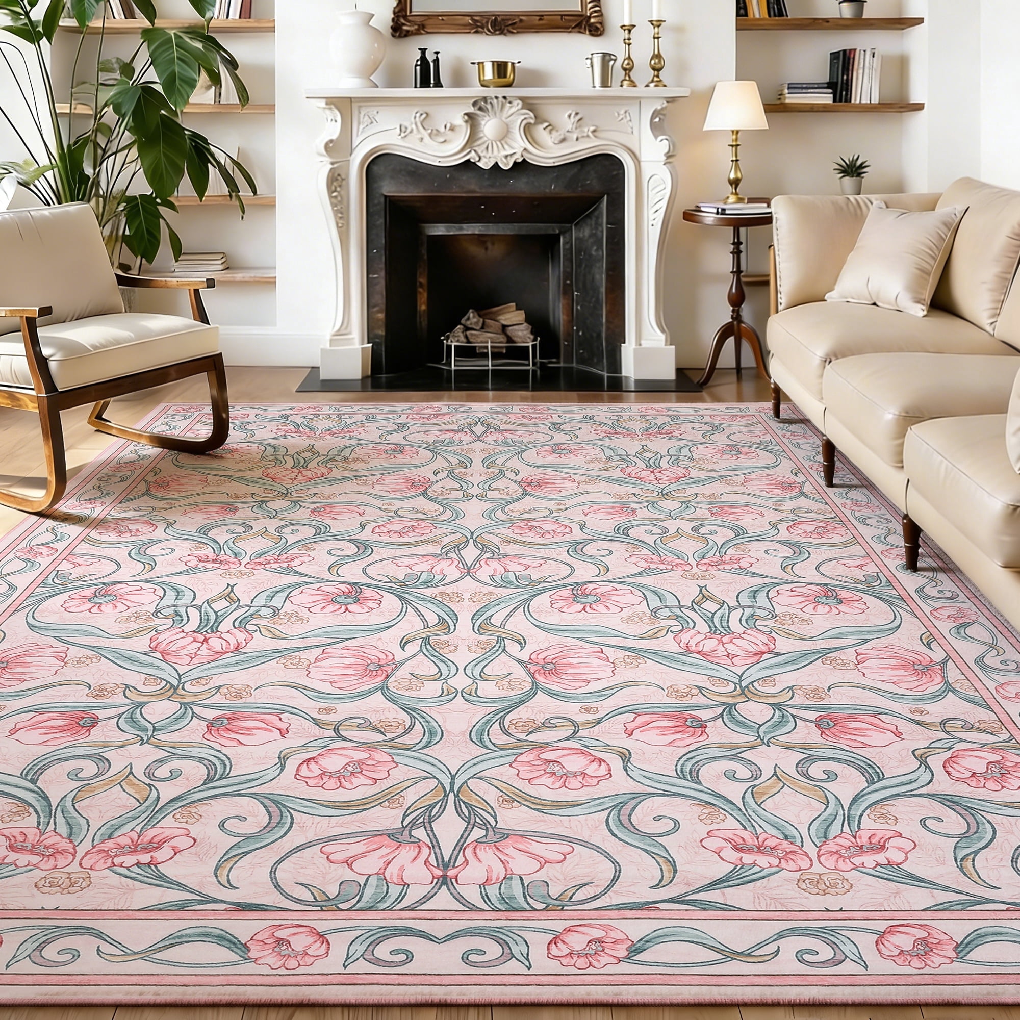 Memoryfield Modern Floral Area Rug 8' x 10', Washable Floor Cover, Soft Low-Pile Non-Slip Carpet, for Living Room Bedroom Dining Room, Pink